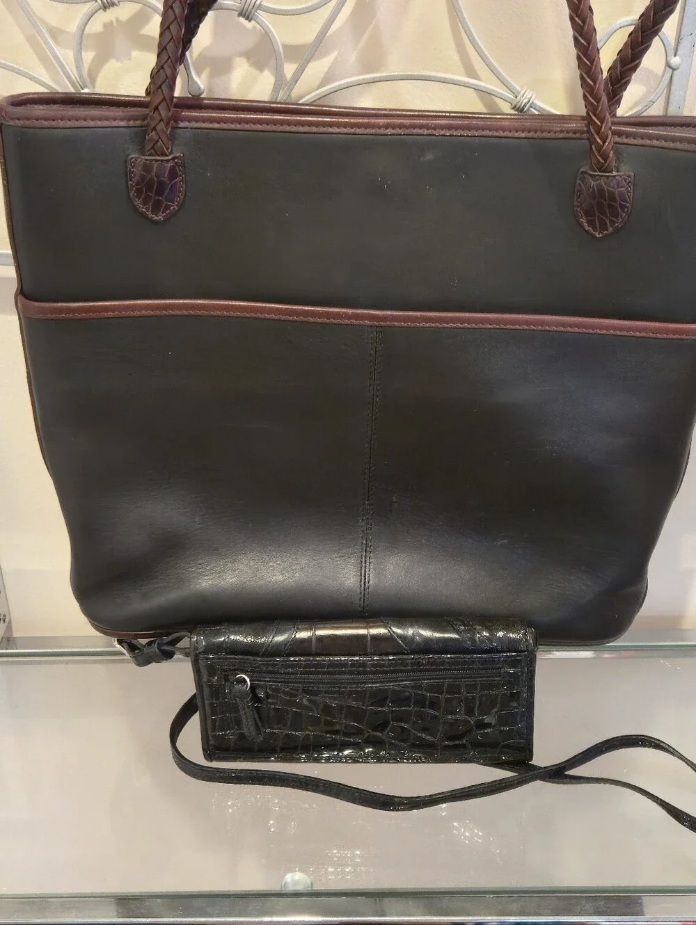 Vtg Brighton Leather Tote Shoulder Bag & Crossbody Wallet Purse Bundle Set Black